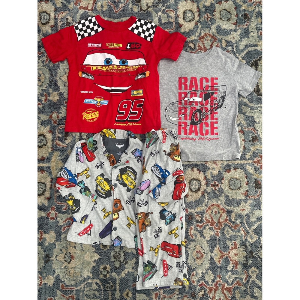 Disney Cars Lightning McQueen Boys 4T/5T Red Grey Graphic Shirt Pajama Bundle